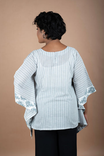 Grey Block Print & Handloom Fusion Kaftan – Short Kurti Style